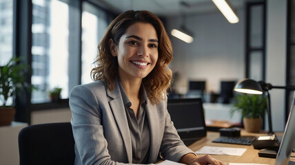 Busy young business woman executive using laptop in office. Smiling Hispanic businesswoman company employee sitting at work desk, professional female hr manager looking at pc computer at workplace.