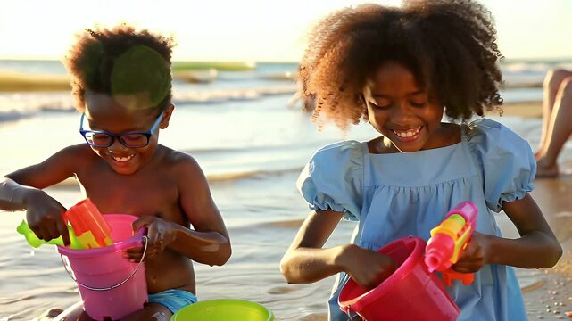 Two cheerful black children filling colorful buckets with water using toy guns on the beach at sunset - Powered by Adobe