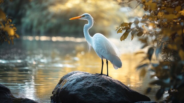 A graceful white egret stands on a rock in a serene river, illuminated by the warm glow of the setting sun. - Powered by Adobe