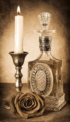 Vintage still life candle decanter and rose