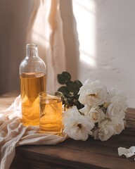 Still life with white roses bloom