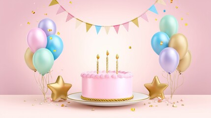 Pastel Birthday Party Cake with Balloons and Banner Decorations