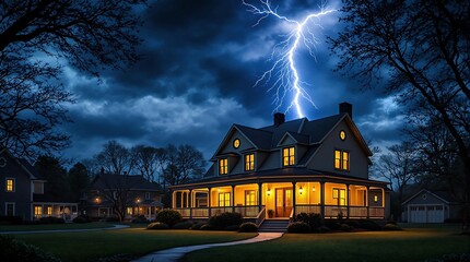 Dramatic lightning strike over house at night storm weather electrical power nature dark sky thunderstorm