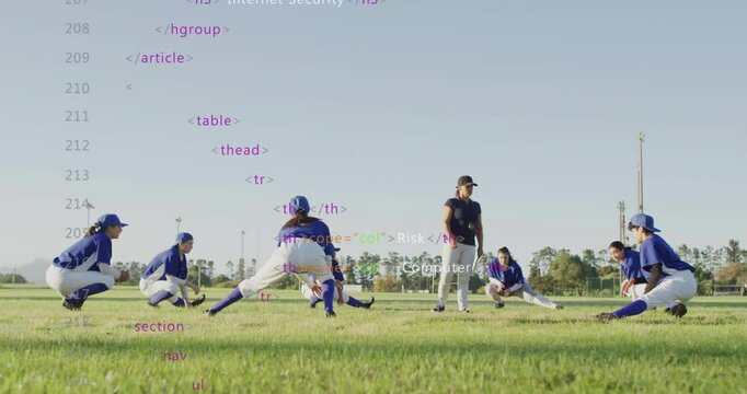 Coach calling players on field while leading warm-up for cyber security with evolving HTML code
