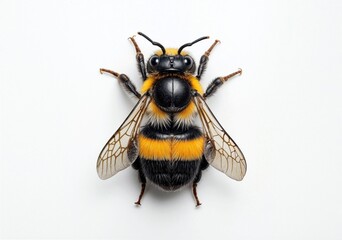 Macro shot of honeybee isolated on white background showing wings and body detail