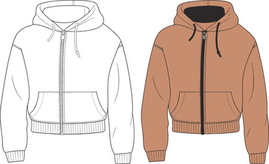 Brown cropped zip hoodie front and back technical flat sketch, fashion illustration template, unisex streetwear design with drawstring hood. © Khadija Creatives