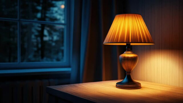 Warm light table lamp on wooden table in cozy room with night scene window curtain interior lighting evening ambiance soft glow creating calm relaxing atmosphere