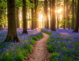 Sunlight path through a vibrant spring forest