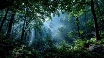 Fototapeta premium Sunlight streams through a lush forest (1)
