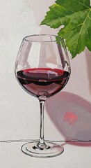 Red wine glass with reflection and green leaves on white background  