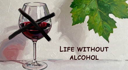 Glass of red wine with crossed-out symbol and leaf, promoting sobriety  
