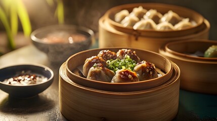Delicious Steamed Dim Sum in Bamboo Steamer