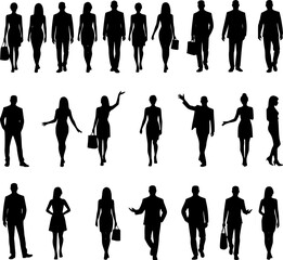 Vector silhouettes mеn and women, illustration. Silhouettes of young people posing in casual clothes. EPS 10 version.