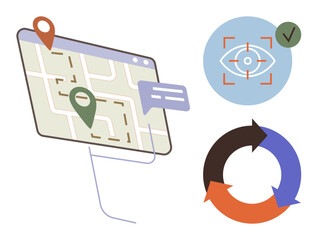 Digital map with location pins, visual tracking interface with checkmark, and color-coded circular arrows. Ideal for navigation, efficiency, planning, tracking, strategy, analysis simple flat