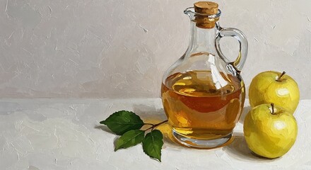 Glass decanter with apple cider and yellow apples on table  