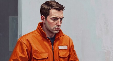 Man wearing orange jumpsuit looking serious indoors  