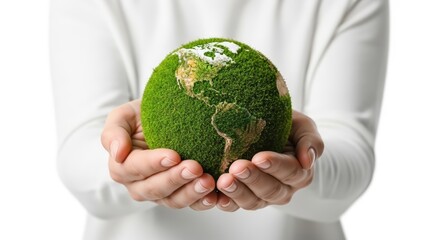 hands holding a green moss earth globe on a white background, representing environmental protection and sustainability