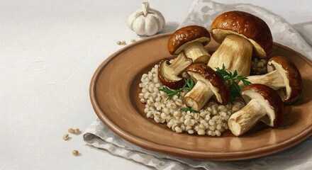 Mushroom and barley dish served on a brown plate with garlic  