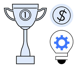 Trophy with number one, dollar symbol in circle, and gear-filled lightbulb. Ideal for business success, innovation, leadership, achievement, creativity entrepreneurship motivation. Simple flat