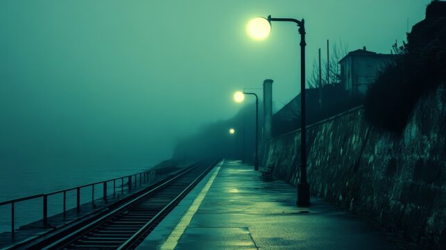 A lone train track stretches into the misty distance, illuminated by streetlights on a foggy night.