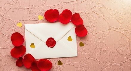 love letter with rose petals and golden hearts on pink background