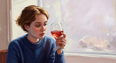 Young woman thoughtfully holding a glass of red wine indoors  