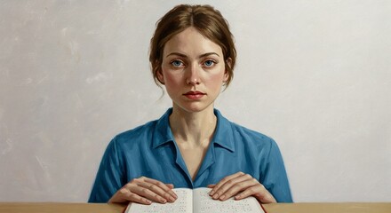 Young woman reading braille book with focused expression indoors  