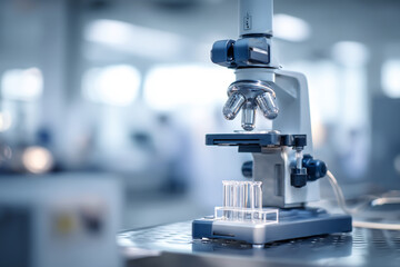Laboratory microscope with chrome finish placed on a polished lab bench beside test tubes. Captured in a bright research facility, ideal for education, science, research, and biotechnology themes.