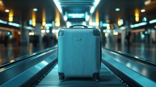 Blue suitcase luggage travel airport conveyor belt modern transportation journey bag trolley vacation trip baggage indoors motion blurred background light shiny handle wheels horizontal metal modern