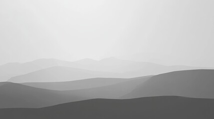 Serene grayscale landscape depicting rolling hills fading into a hazy sky, creating a minimalist and peaceful aesthetic