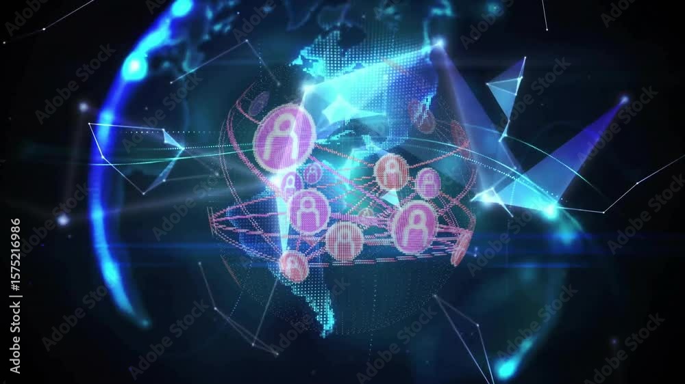 Poster floating pink user icons fading in forming network 3d wireframe globe showing data connectivity