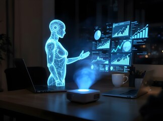 Holographic personal assistant displaying charts in a modern home office