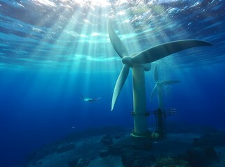 A manta ray glides past massive underwater tidal energy turbines