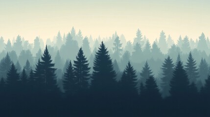 Serene misty forest landscape with rows of dark-green evergreen trees fading into a pale horizon