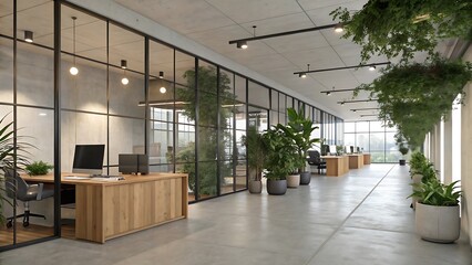 Modern Office Interior with Glass Partitions Natural Light and Potted Plants