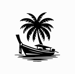 Minimalist Black Vector Logo of Traditional Thai Longtail Boat Under Coconut Tree Isolated on White Background