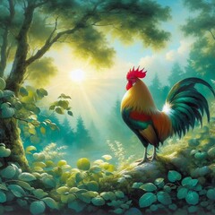 A painting of beautiful rooster on a background of dawn in the woods.  