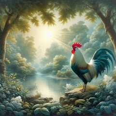 A painting of beautiful rooster on a background of tranquil water and trees.  