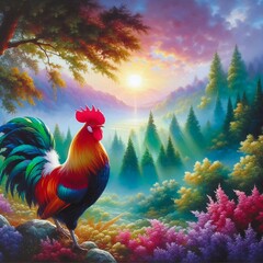 A painting of beautiful rooster on a background of vibrant forest and flowers.