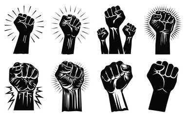 Collection of black fist symbols representing power unity resistance and strength against a white background