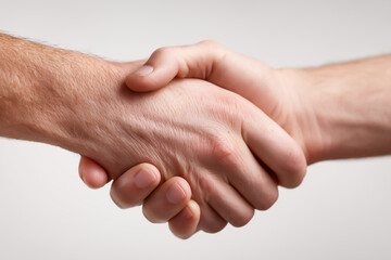 A firm handshake between two individuals, shot with high detail in a studio on light gray. Suitable for use in business promotions, partnership visuals, or human connection themes.