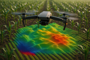 Drone analyzing crop health with advanced thermal mapping technology in modern agricultural field for precision farming