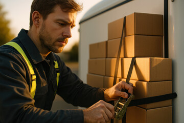 Focused delivery worker securing cardboard boxes with ratchet strap on trailer in evening sunlight for safe transportation