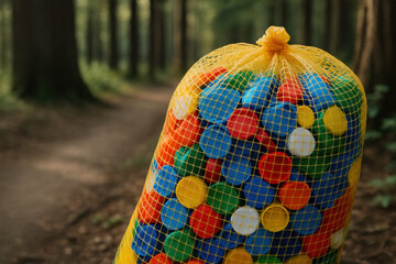 Mesh bag filled with colorful plastic bottle caps collected for recycling, hanging in a forest environment on a dirt path