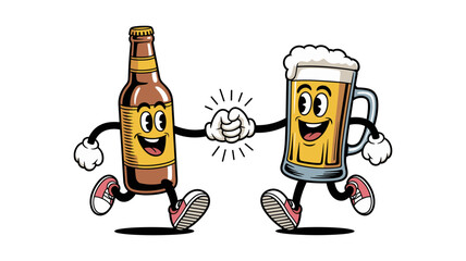 Two cartoon beer bottle and glass, bumping fists, celebrating friendship. © Anukul Debnath