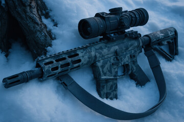 Modern camouflaged tactical rifle with night vision scope lying on snowy ground, ready for winter outdoor sport shooting