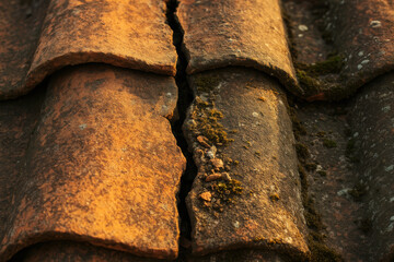 Weathered cracked roof tiles with moss growth, aged surface texture, close up damaged shingles under warm sunlight