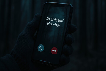 Gloved hand holding smartphone with incoming restricted number call in dark mysterious forest environment