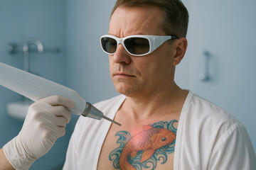 Middle aged man undergoing laser tattoo removal on chest in medical clinic, focused on large colorful fish design