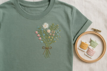 Hand embroidered wildflowers bouquet on green t shirt with colorful threads and hoop for creative diy craft enthusiasts
